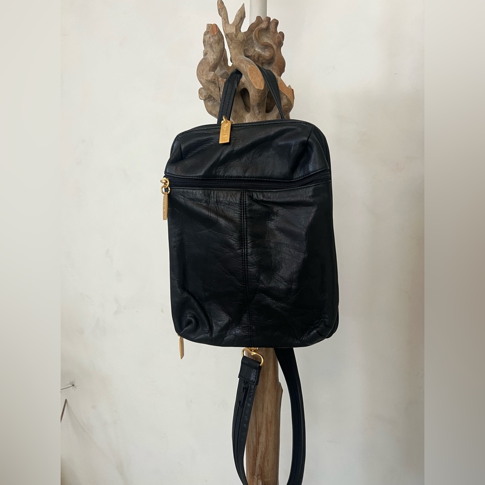 Tignanello leather backpack purse black with gold detail